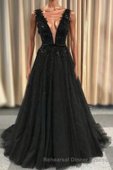Semi Formal Prom Deep V-neck Long Black Party Semi Formal Prom Dresses With Lace Appliques